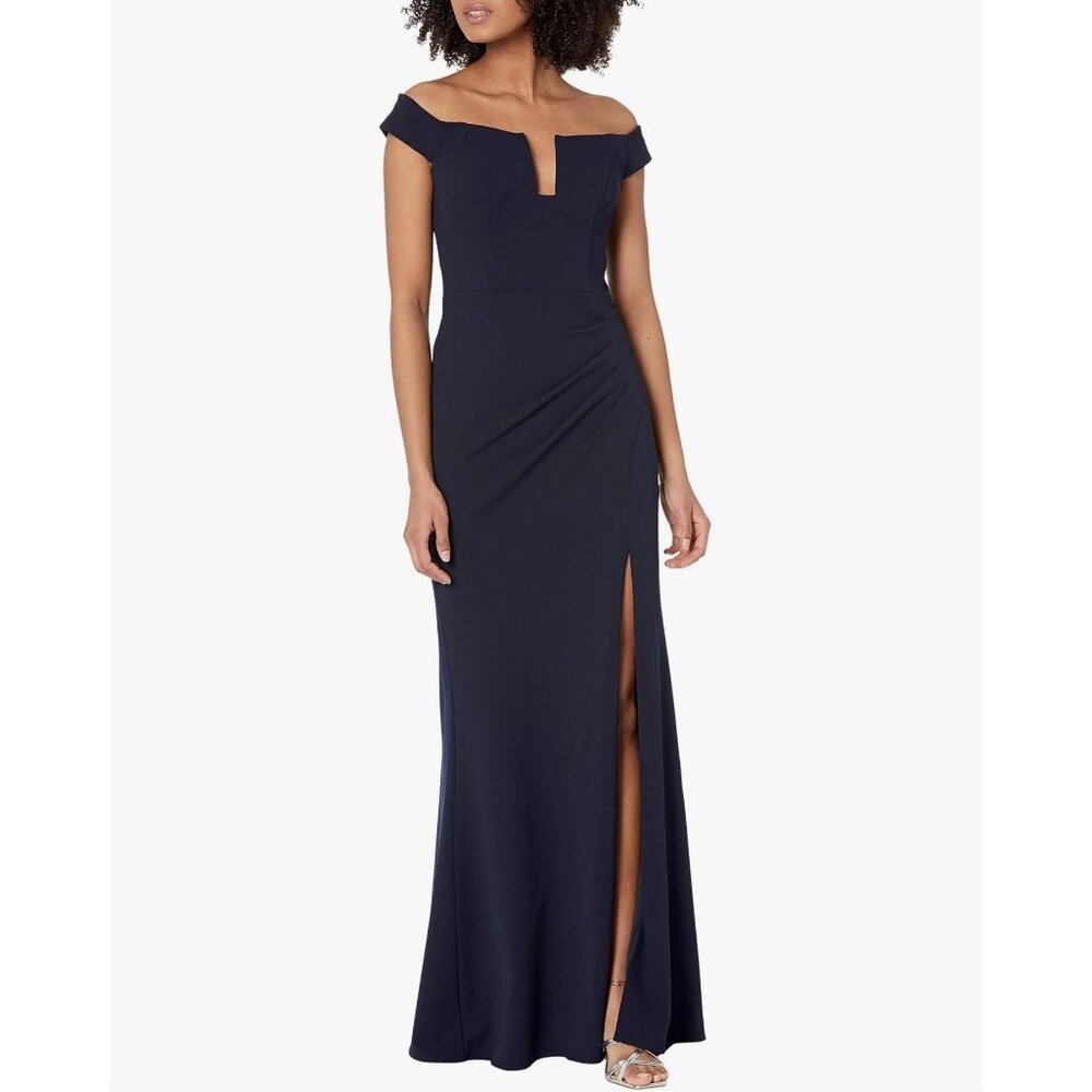 XSCAPE Long Off-the-Shoulder Scuba Crepe U-Front Dress Women's Size 6 Navy NWOT